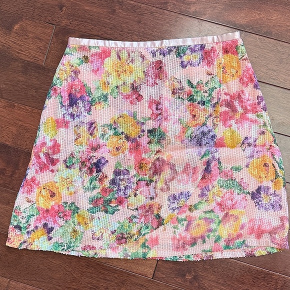 Lulus Dresses & Skirts - NWT Lulu's Pink Purple Sequined Floral Mini Faux Wrap Skirt M